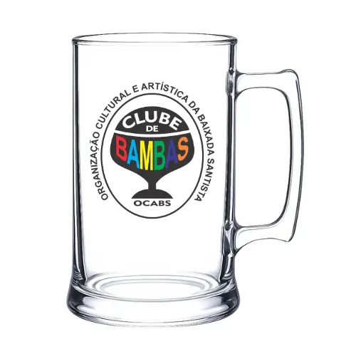 Marca da OCABS estilizada em caneca de acrílico transparente.