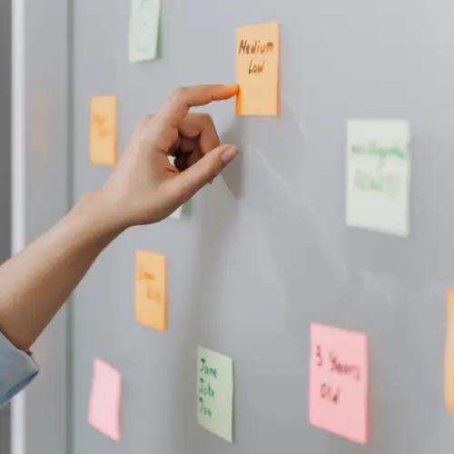 Mão coloca post-it “Medium Low” em quadro com outras anotações coloridas e organizadas.