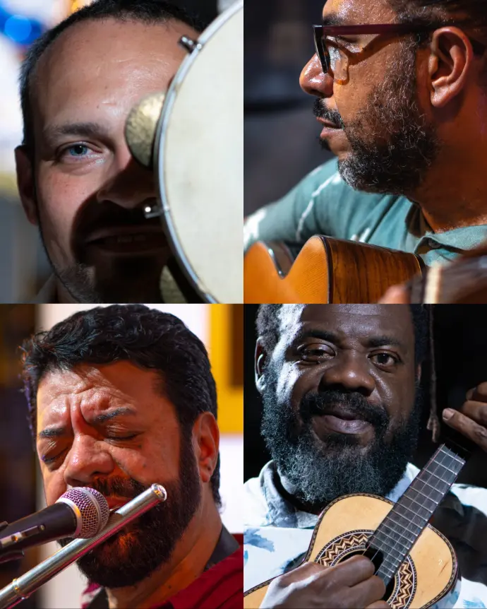 Musicistas do grupo Aqui Tem Choro com pandeiro, violão, flauta e cavaquinho em apresentação.